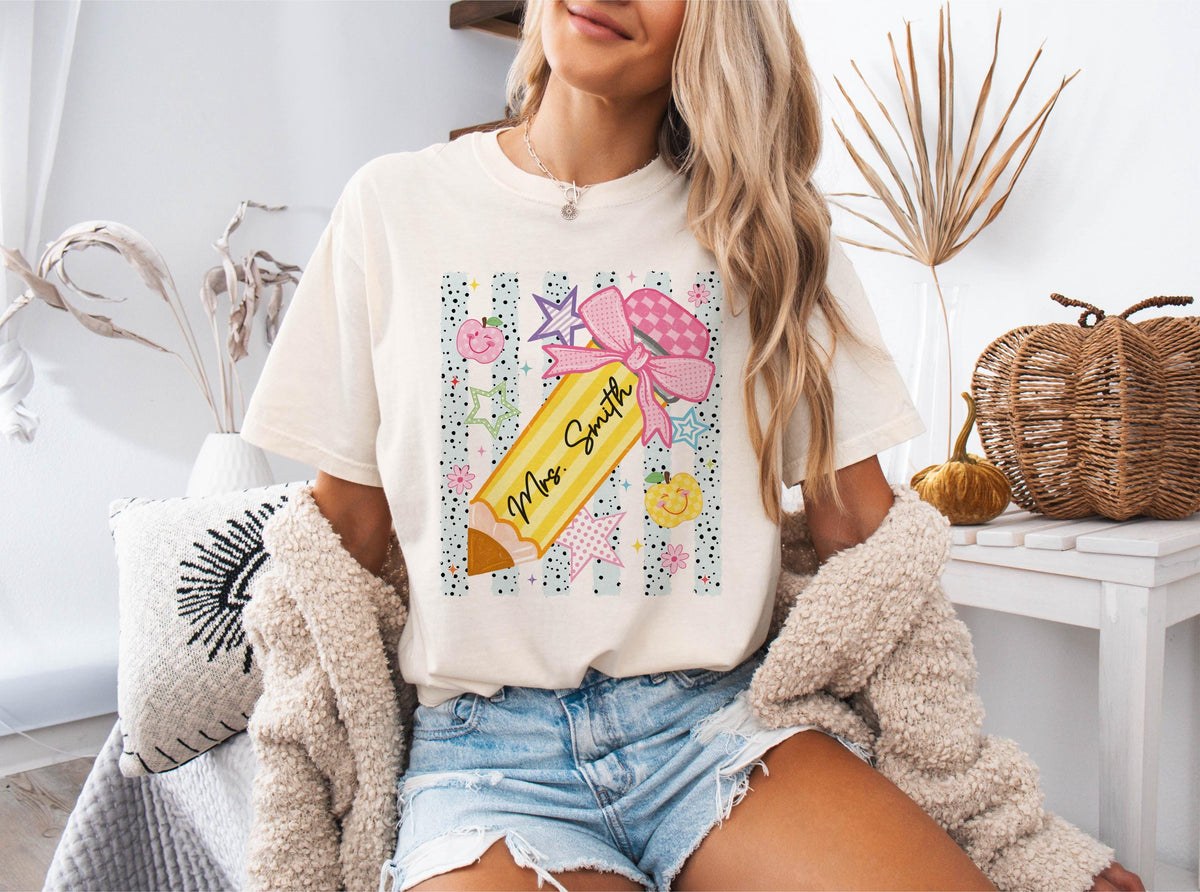 Comfort Colors® Personalized Pencil Teacher Shirt, Coquette Bow Apple Teacher Tee, Teacher Appreciation Gift, Preschool Teacher Name Tees