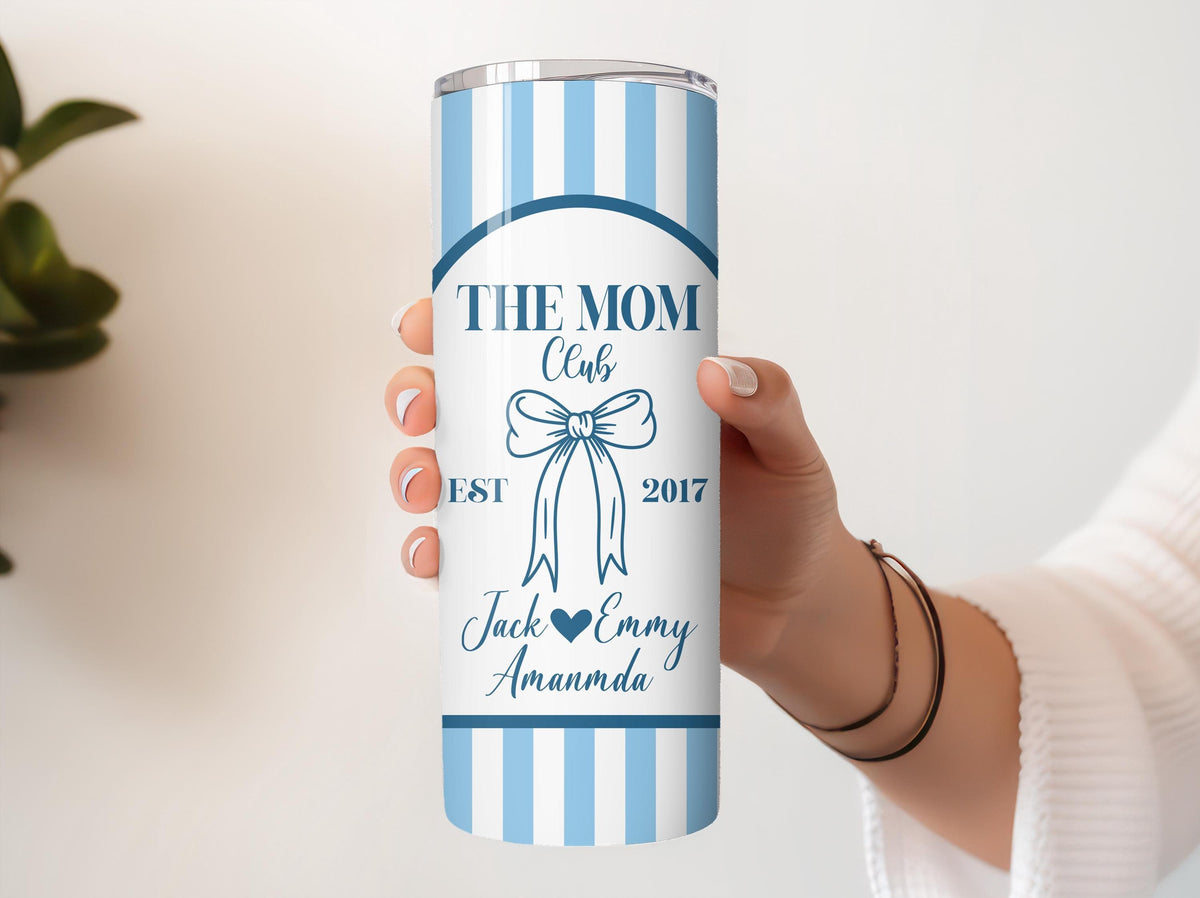 Custom Name & Date The Mom Club Coffee Cup, Personalized Blue and White Striped Mom Tumbler