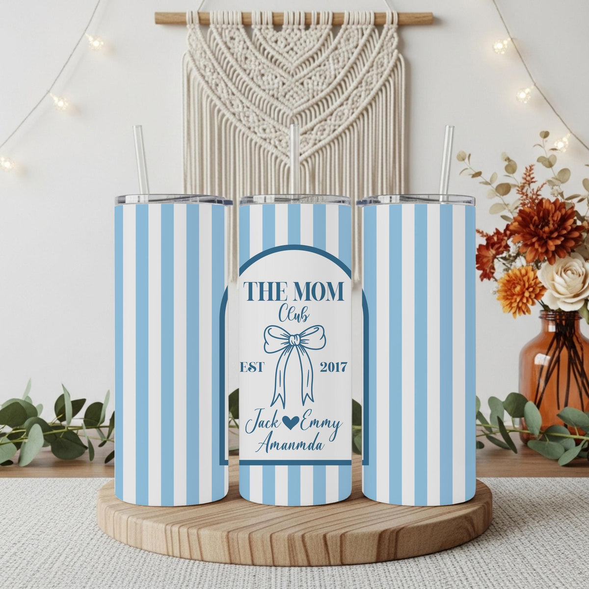 Custom Name & Date The Mom Club Coffee Cup, Personalized Blue and White Striped Mom Tumbler