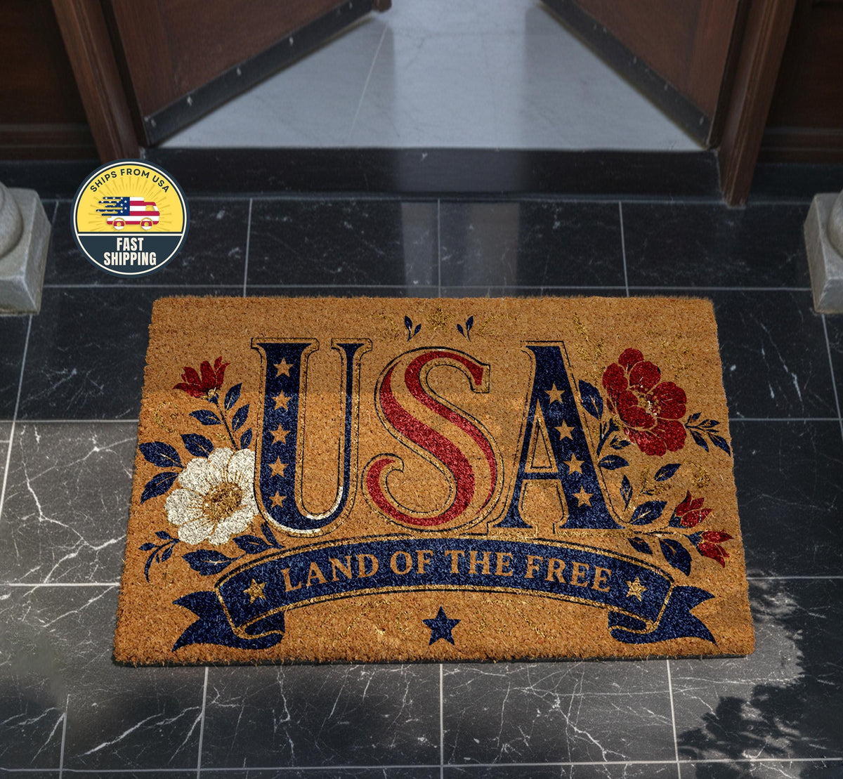 Patriotic USA Doormat, Land of the Free Welcome Mat, Red White Blue Floral Porch Decor