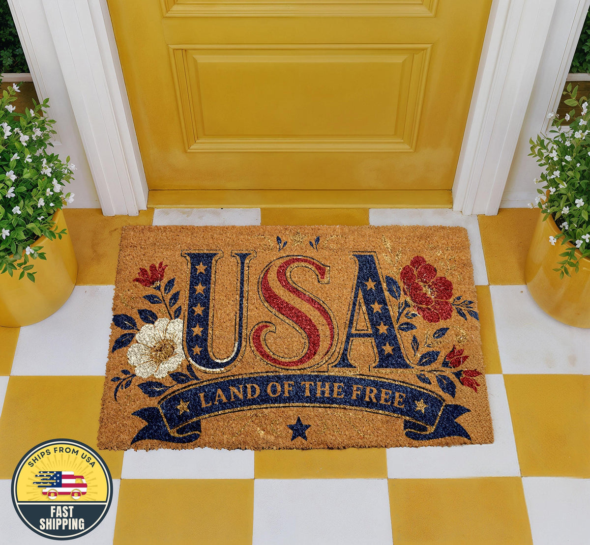 Patriotic USA Doormat, Land of the Free Welcome Mat, Red White Blue Floral Porch Decor