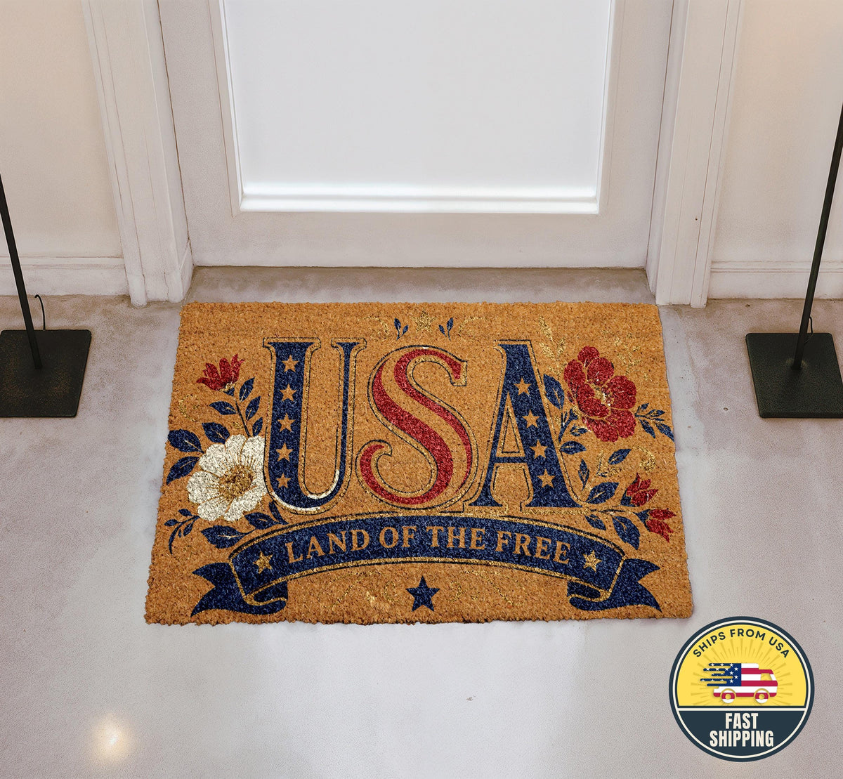 Patriotic USA Doormat, Land of the Free Welcome Mat, Red White Blue Floral Porch Decor