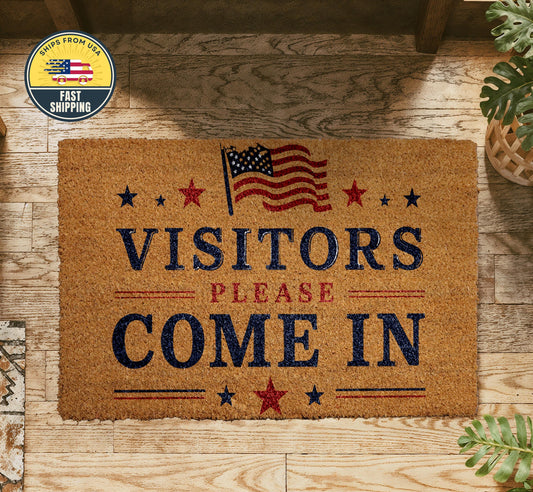 Visitors Please Come In Welcome Mat, Patriotic Doormat with American Flag