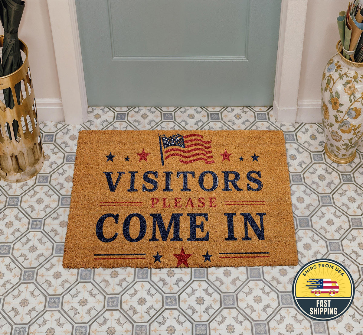 Visitors Please Come In Welcome Mat, Patriotic Doormat with American Flag