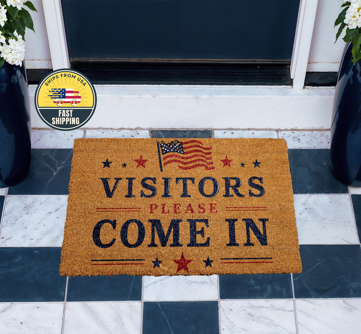 Visitors Please Come In Welcome Mat, Patriotic Doormat with American Flag