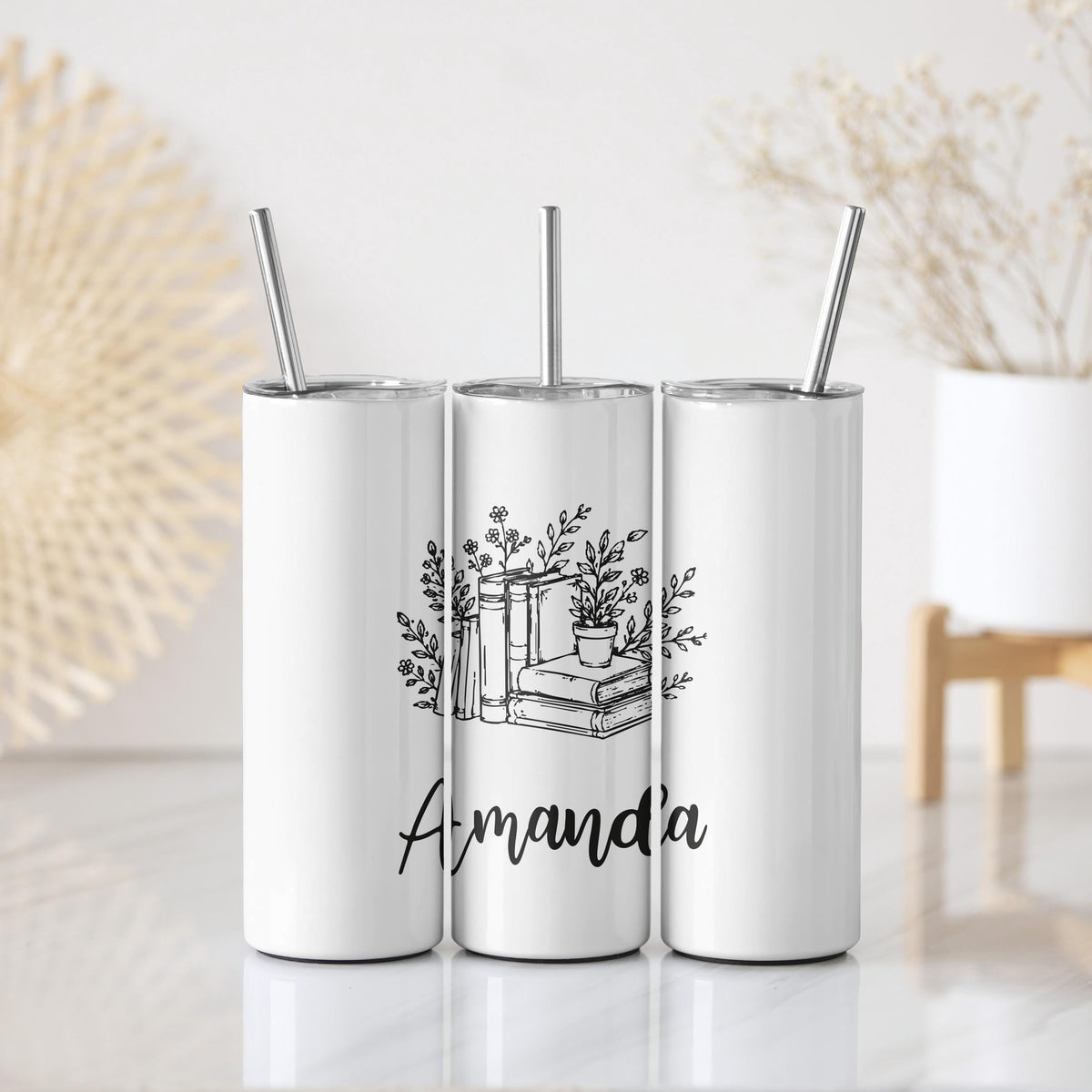 Personalized Line Art Books & Flowers Tumbler With Straw, Custom Name Book Lover Coffee Cup