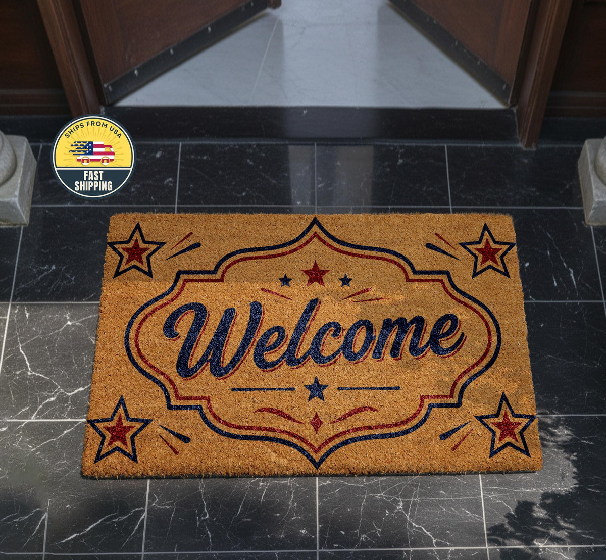 Patriotic Welcome Doormat, USA Front Door Mat, Red White Blue Stars Welcome Rug