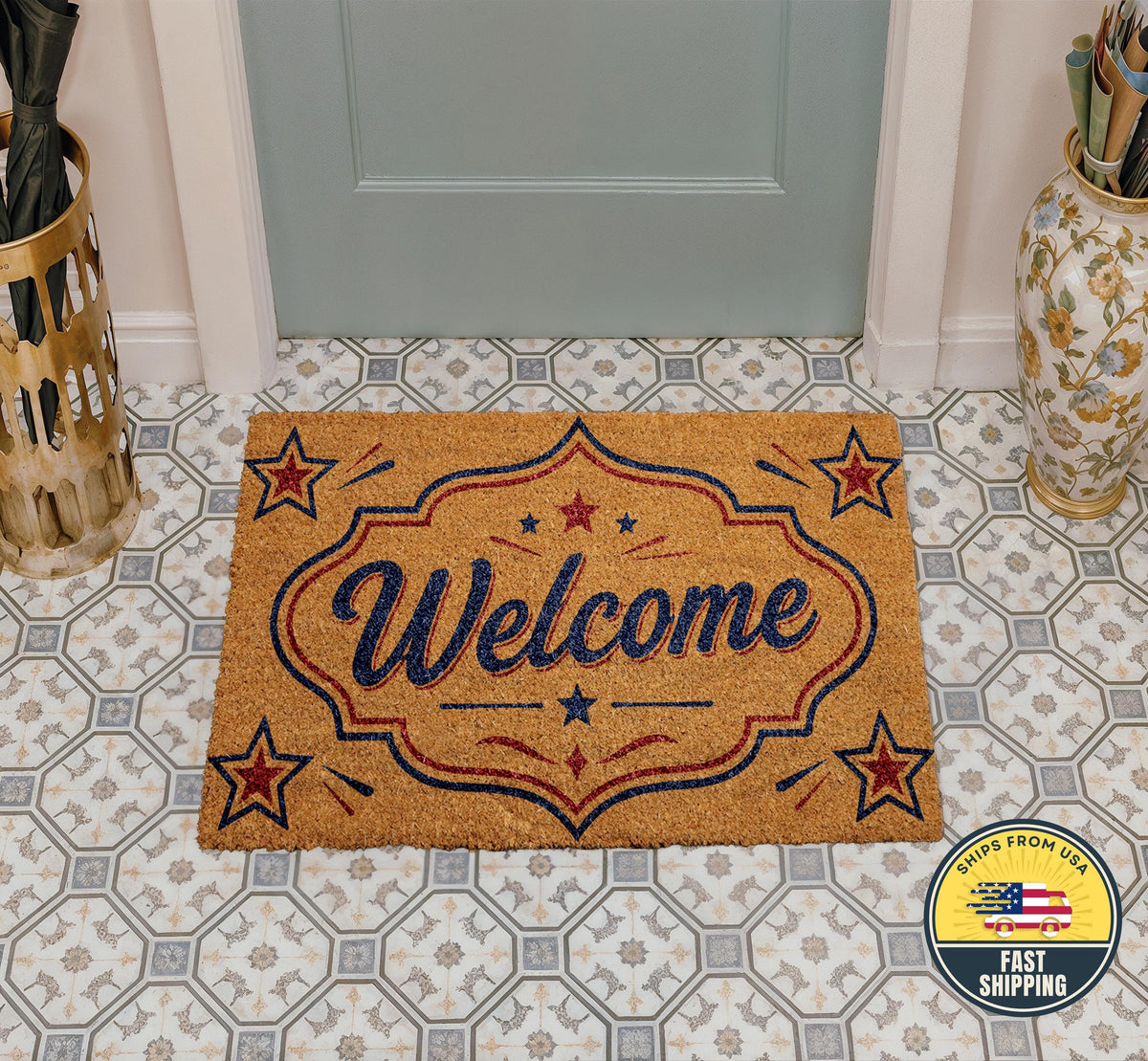 Patriotic Welcome Doormat, USA Front Door Mat, Red White Blue Stars Welcome Rug
