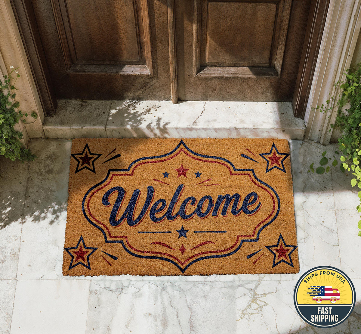 Patriotic Welcome Doormat, USA Front Door Mat, Red White Blue Stars Welcome Rug