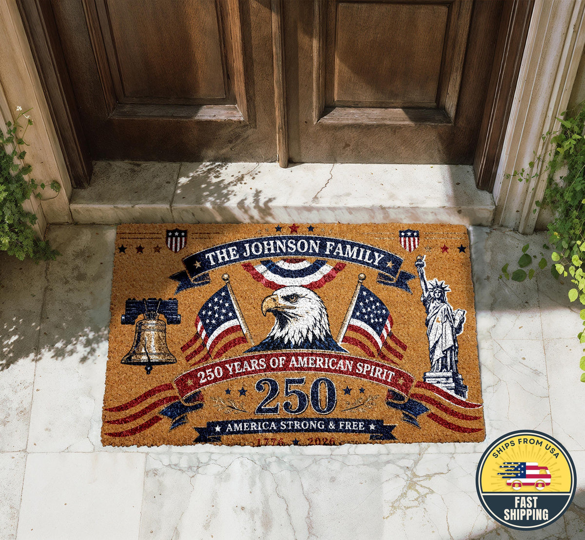 Custom Family Patriotic Doormat, America 250 Years of American Spirit Welcome Mat