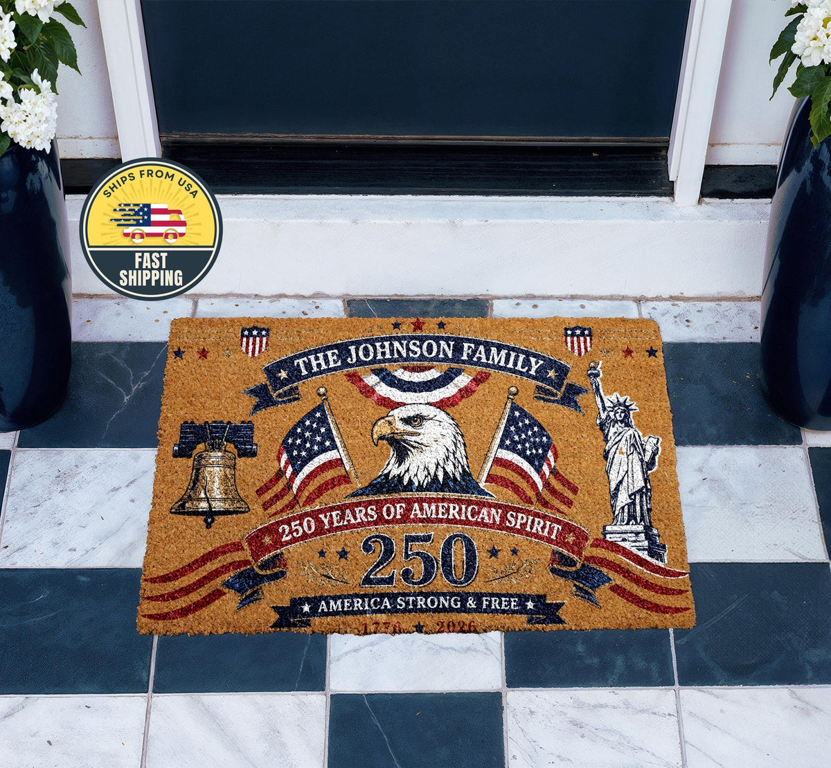 Custom Family Patriotic Doormat, America 250 Years of American Spirit Welcome Mat