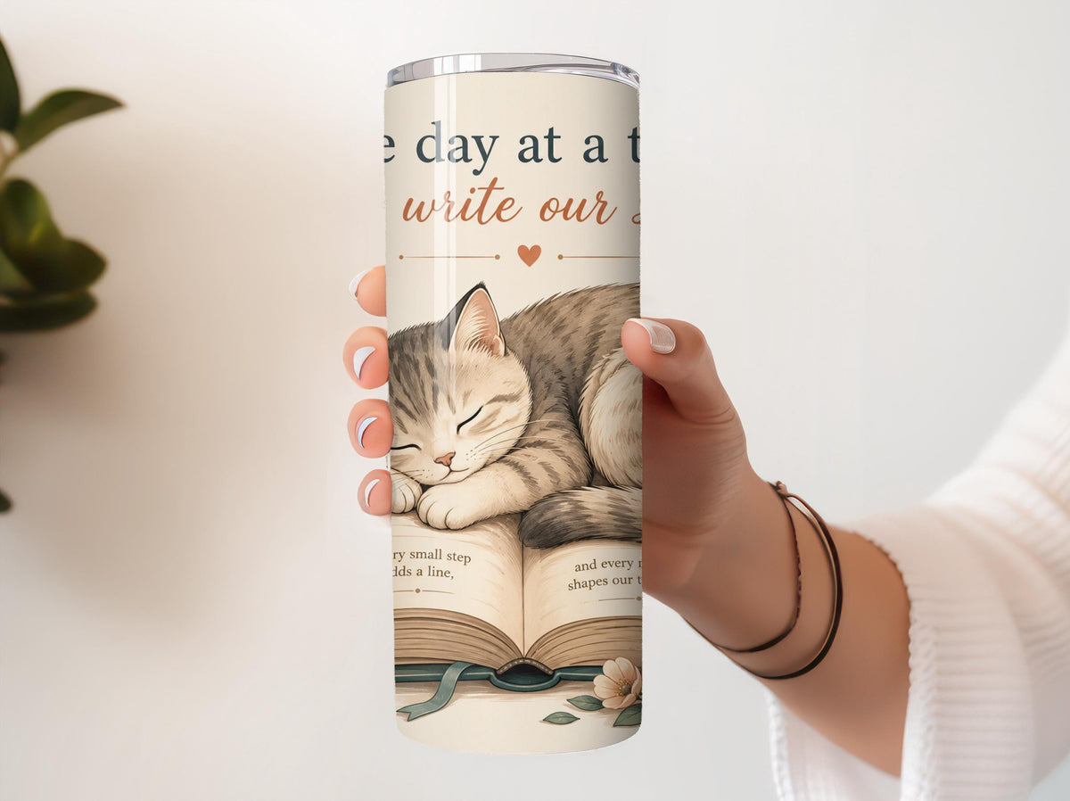 One Day at a Time We Write Our Story Coffee Cup, Book Lover Cat Mom Tumbler With Straw