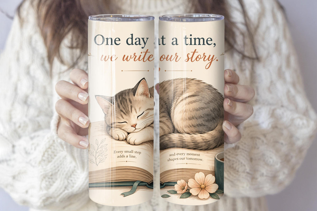 One Day at a Time We Write Our Story Coffee Cup, Book Lover Cat Mom Tumbler With Straw