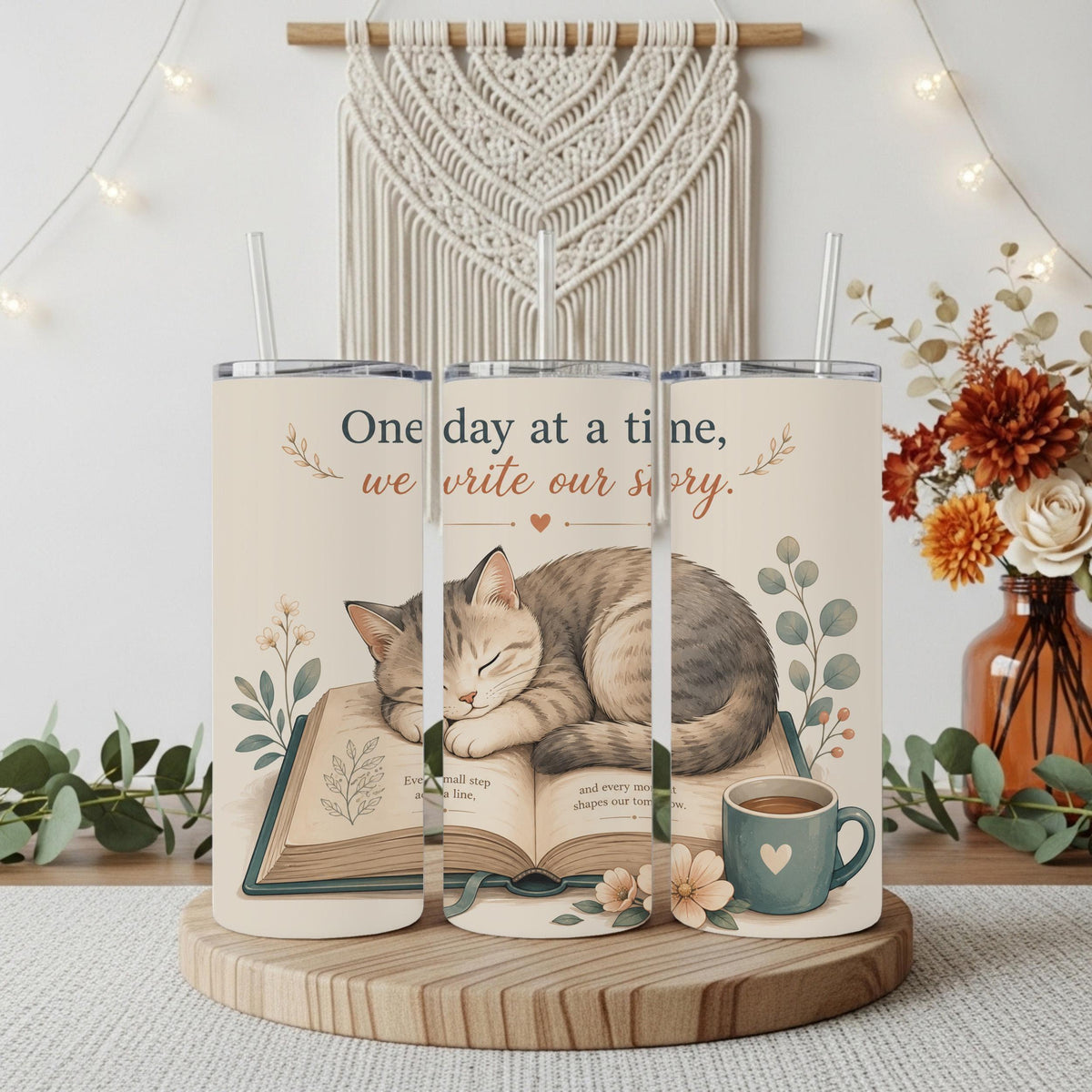 One Day at a Time We Write Our Story Coffee Cup, Book Lover Cat Mom Tumbler With Straw