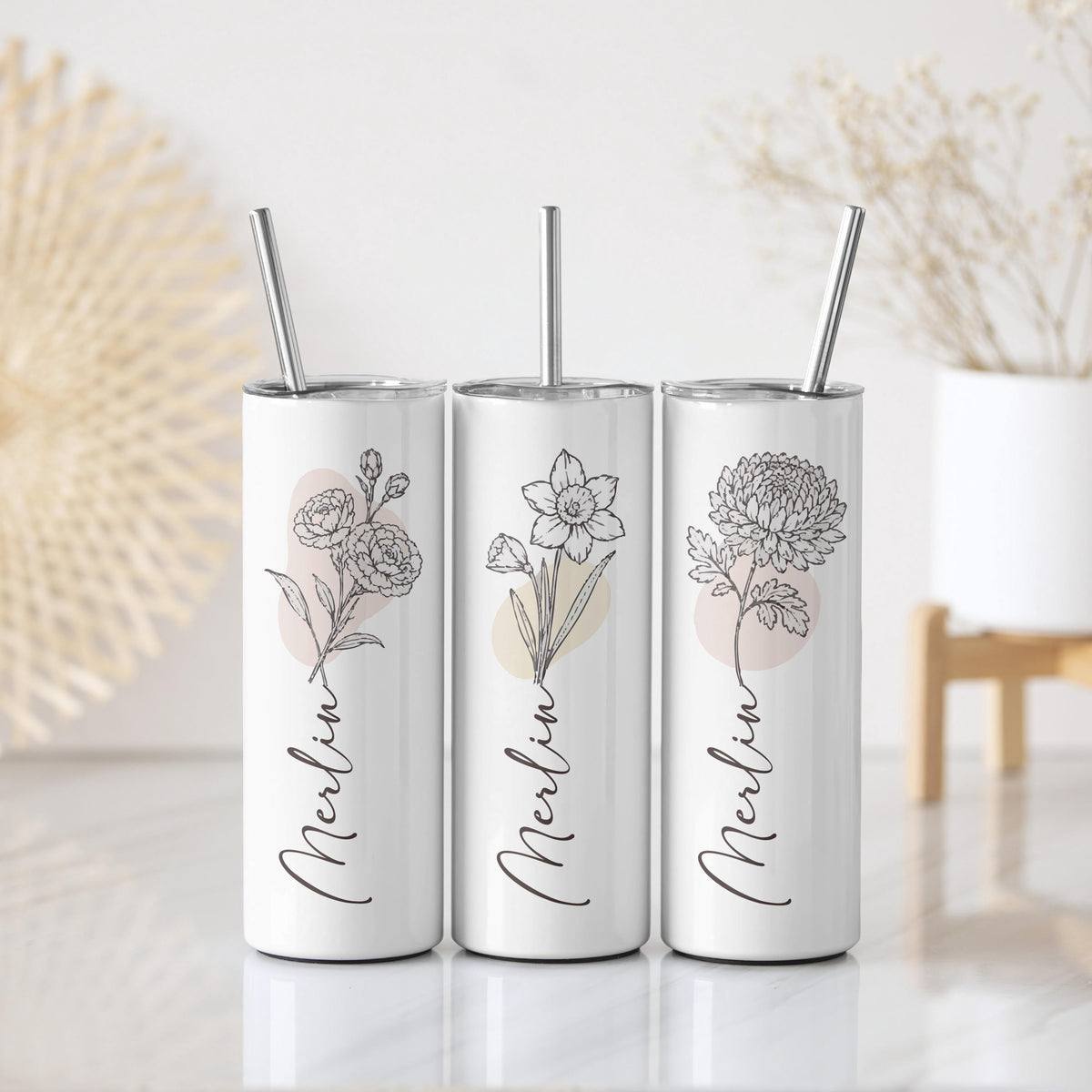 Custom Name Birth Month Flower Coffee Tumbler, Personalized Floral Travel Cup