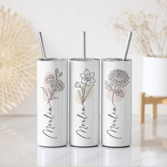 Custom Name Birth Month Flower Coffee Tumbler, Personalized Floral Travel Cup