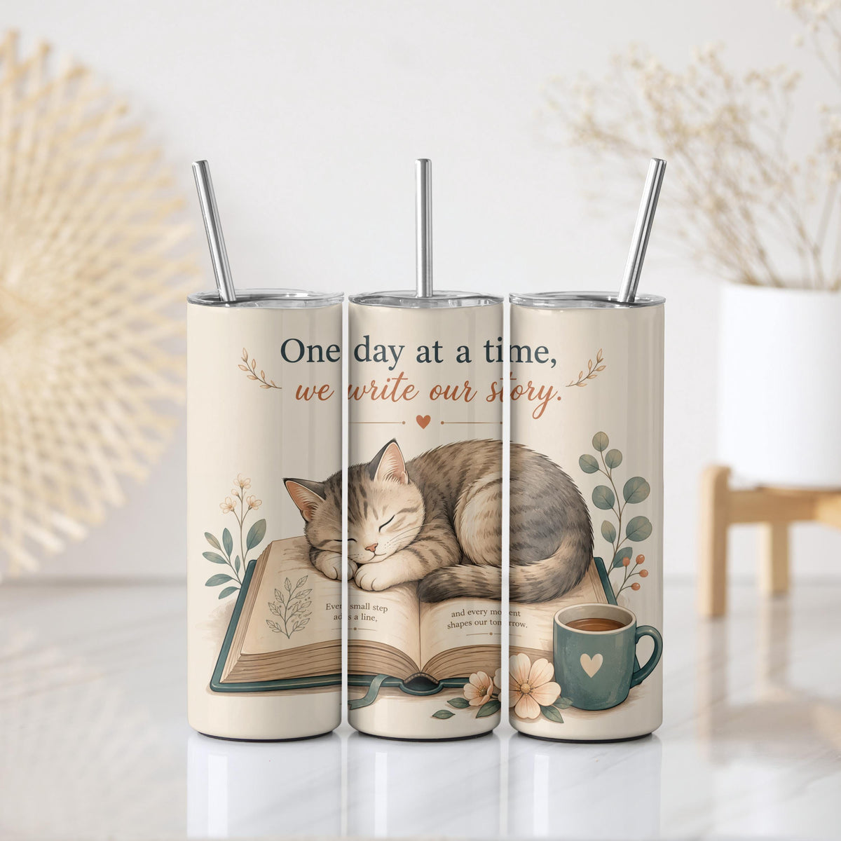 One Day at a Time We Write Our Story Coffee Cup, Book Lover Cat Mom Tumbler With Straw