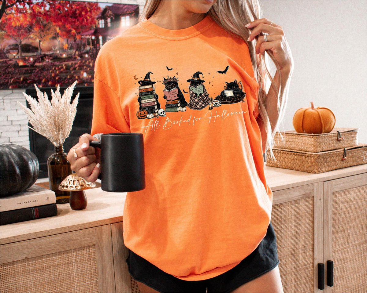 Comfort Colors® Black Cat Reading Shirt, Halloween Book Lover Tee, Spooky Cat Bookish Gift, Librarian Teacher T-shirts