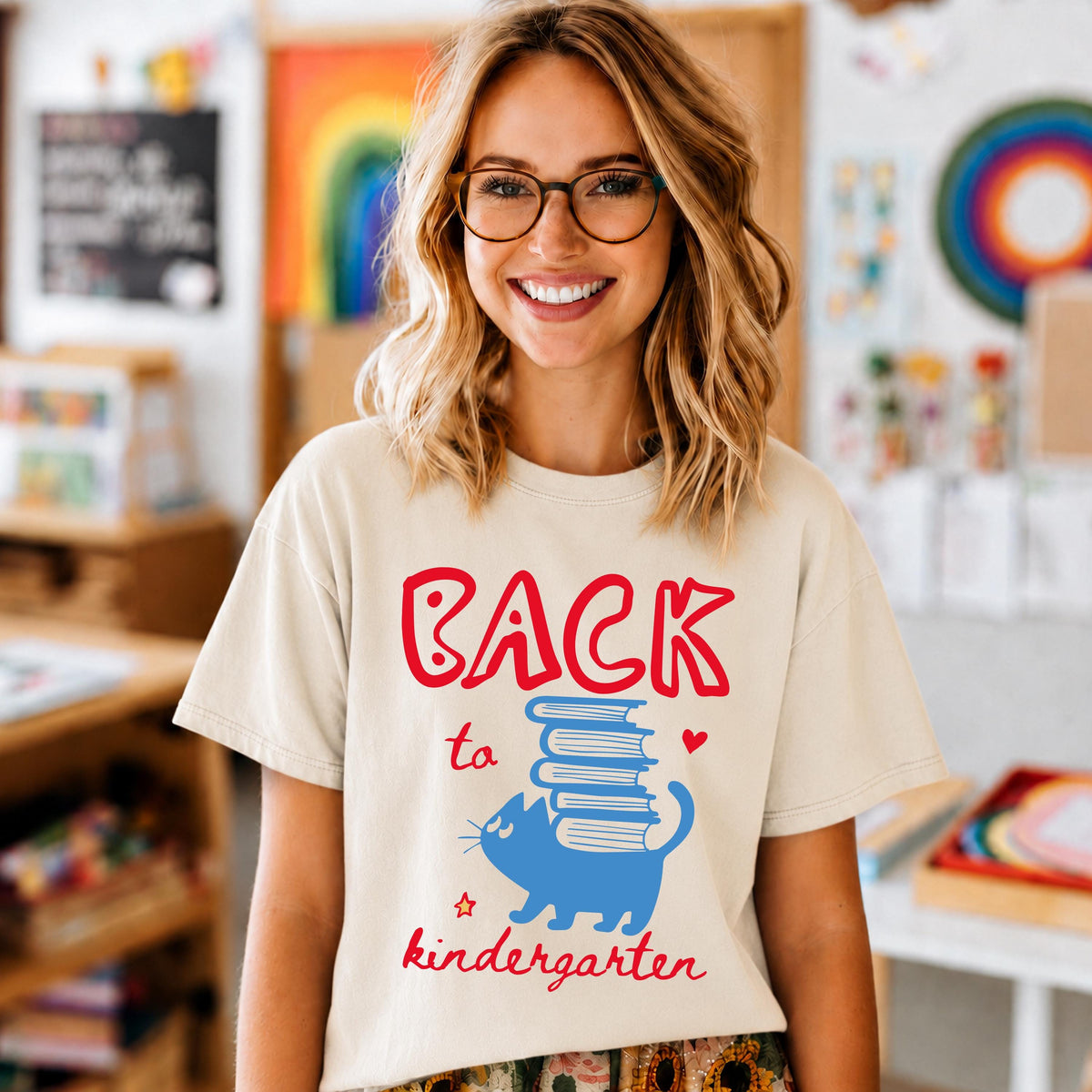 Comfort Colors® Kindergarten Teacher T-Shirt, Back to School Cat Tee, Teacher Appreciation Gift
