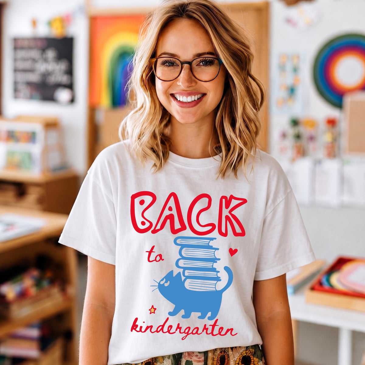 Comfort Colors® Kindergarten Teacher T-Shirt, Back to School Cat Tee, Teacher Appreciation Gift