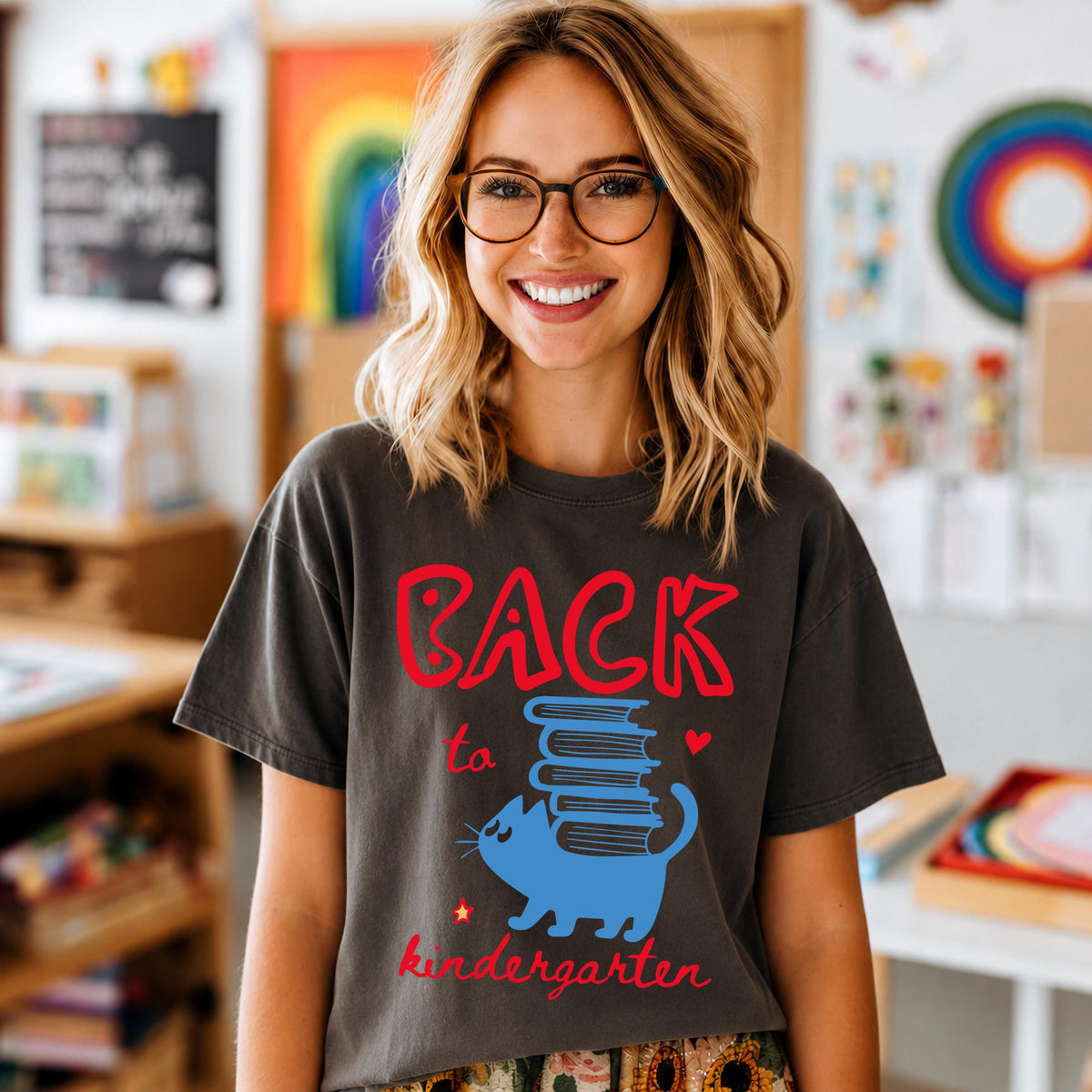Comfort Colors® Kindergarten Teacher T-Shirt, Back to School Cat Tee, Teacher Appreciation Gift