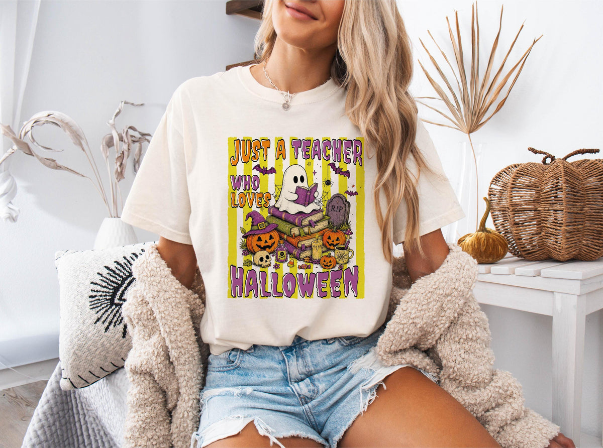 Comfort Colors® Halloween Teacher Shirt, Just A Teacher Who Loves Halloween Tee, Spooky Teacher Gift, Ghost Teacher Tees