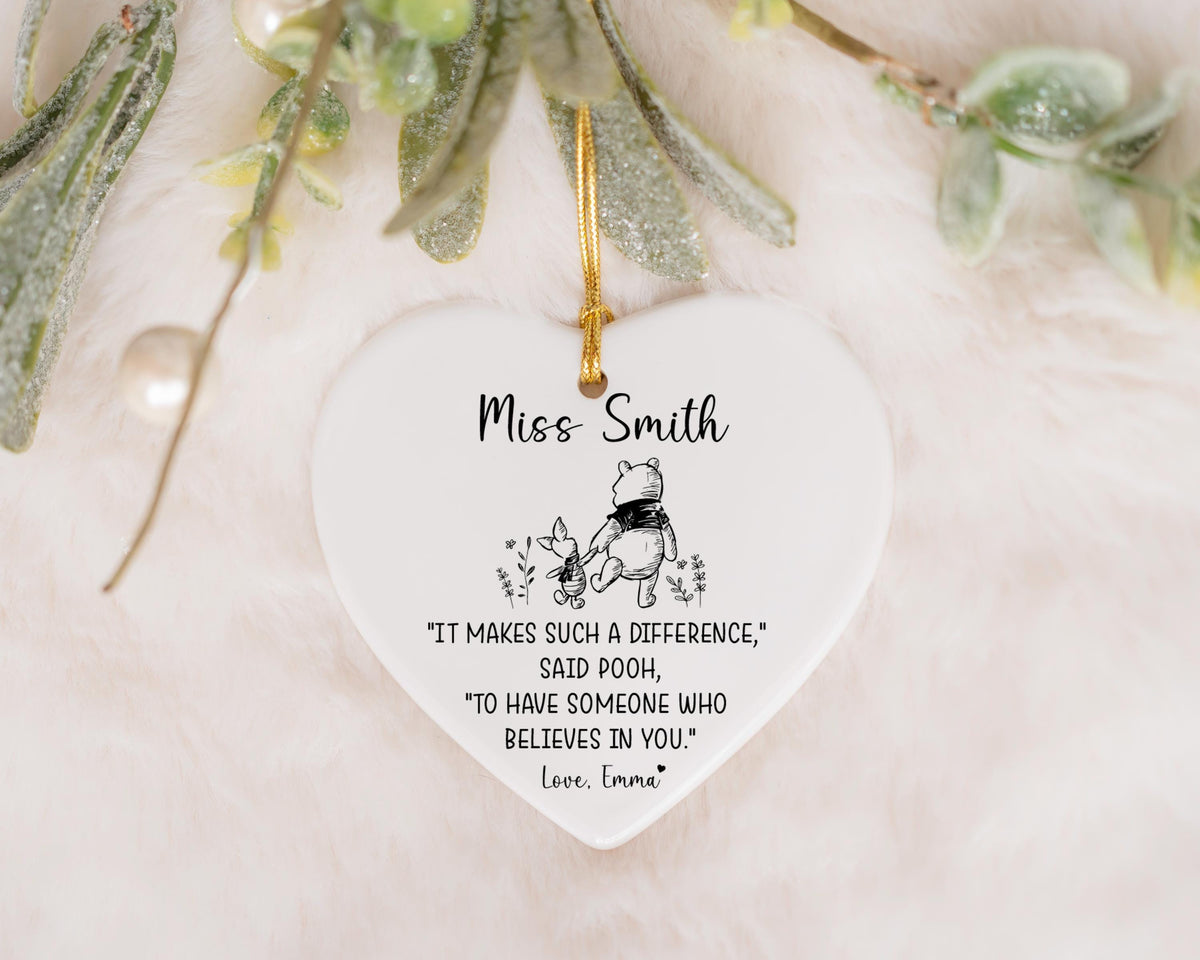 Personalized Cute Bear Ornament, Teacher Thank You Gift, Heart Keepsake with Quote
