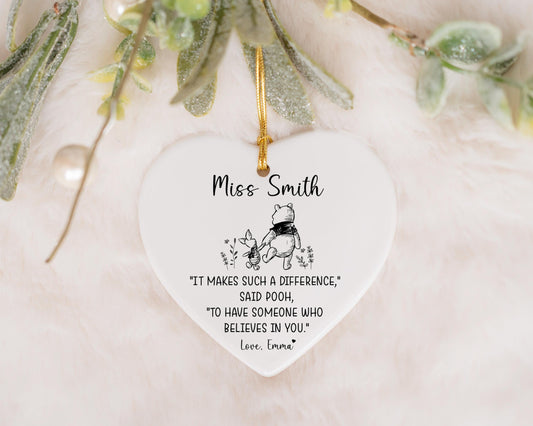 Personalized Cute Bear Ornament, Teacher Thank You Gift, Heart Keepsake with Quote