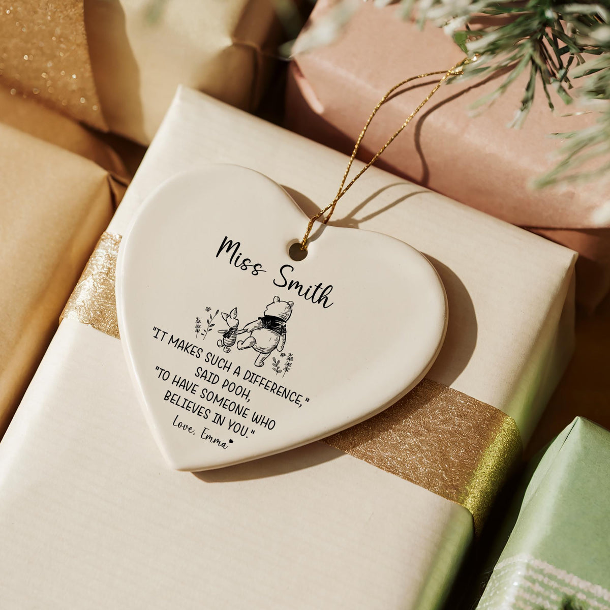 Personalized Cute Bear Ornament, Teacher Thank You Gift, Heart Keepsake with Quote