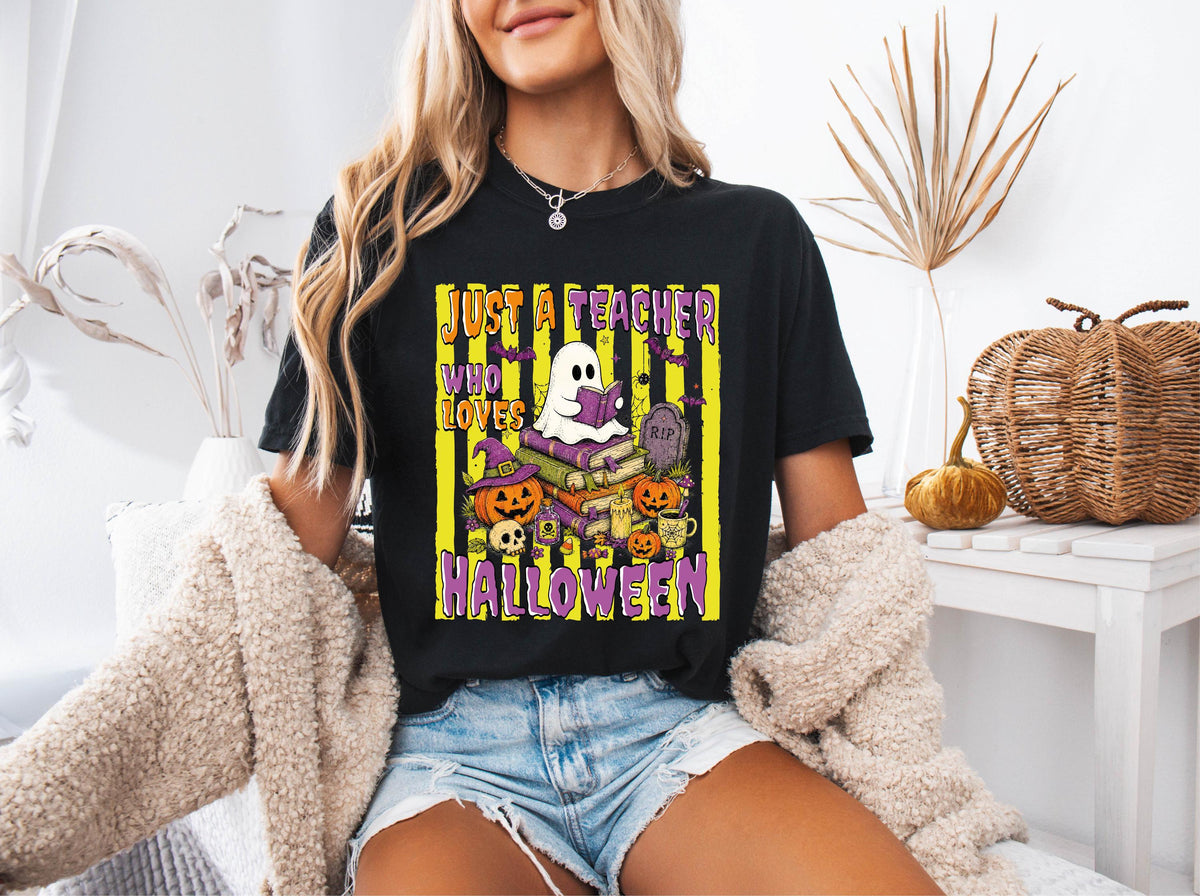 Comfort Colors® Halloween Teacher Shirt, Just A Teacher Who Loves Halloween Tee, Spooky Teacher Gift, Ghost Teacher Tees