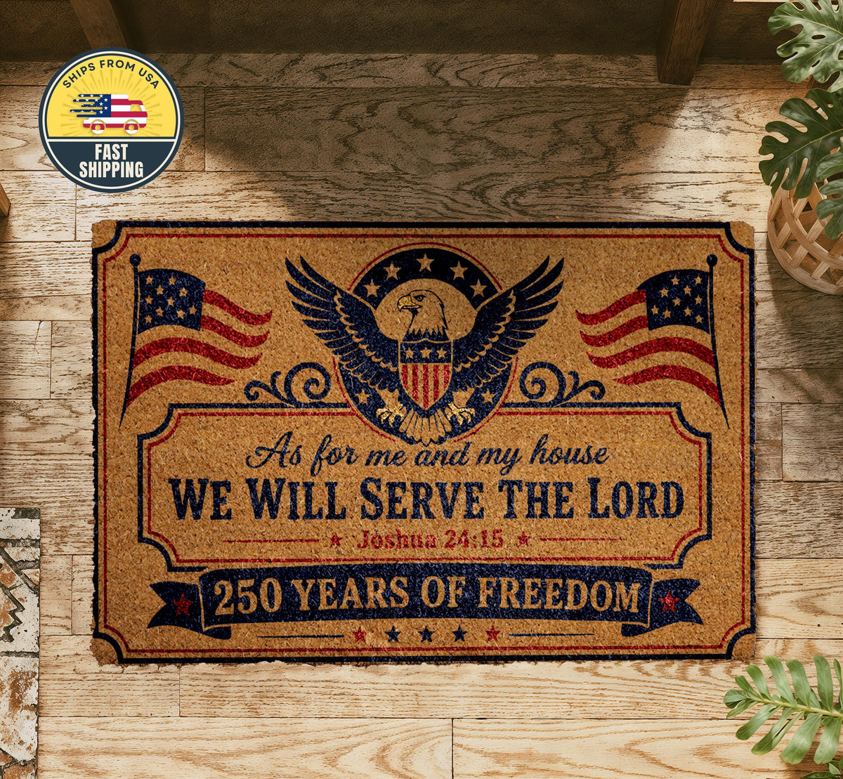 250 Years of Freedom Doormat, Christian Patriotic Mat, American Flag Eagle Welcome Mat