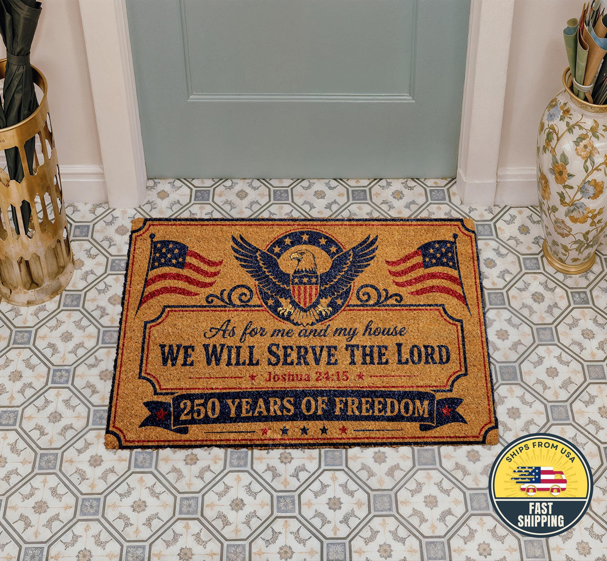 250 Years of Freedom Doormat, Christian Patriotic Mat, American Flag Eagle Welcome Mat
