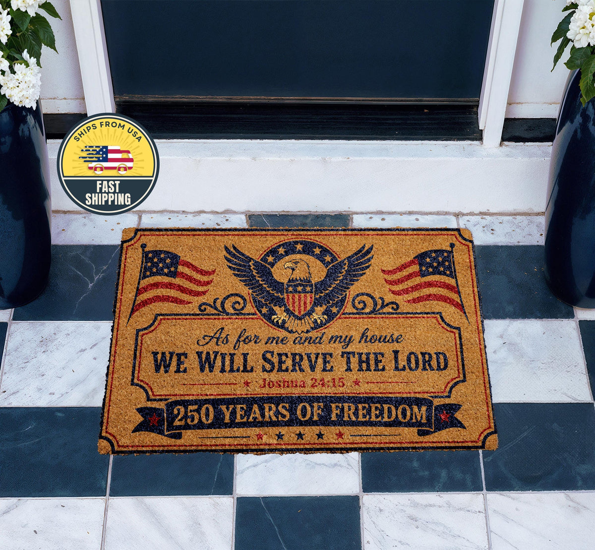250 Years of Freedom Doormat, Christian Patriotic Mat, American Flag Eagle Welcome Mat