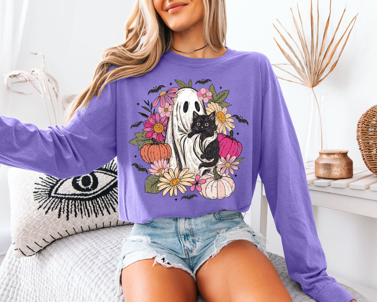 Comfort Colors® Halloween Cat Sweatshirt, Spooky Ghost Shirt, Horror Halloween T-Shirt