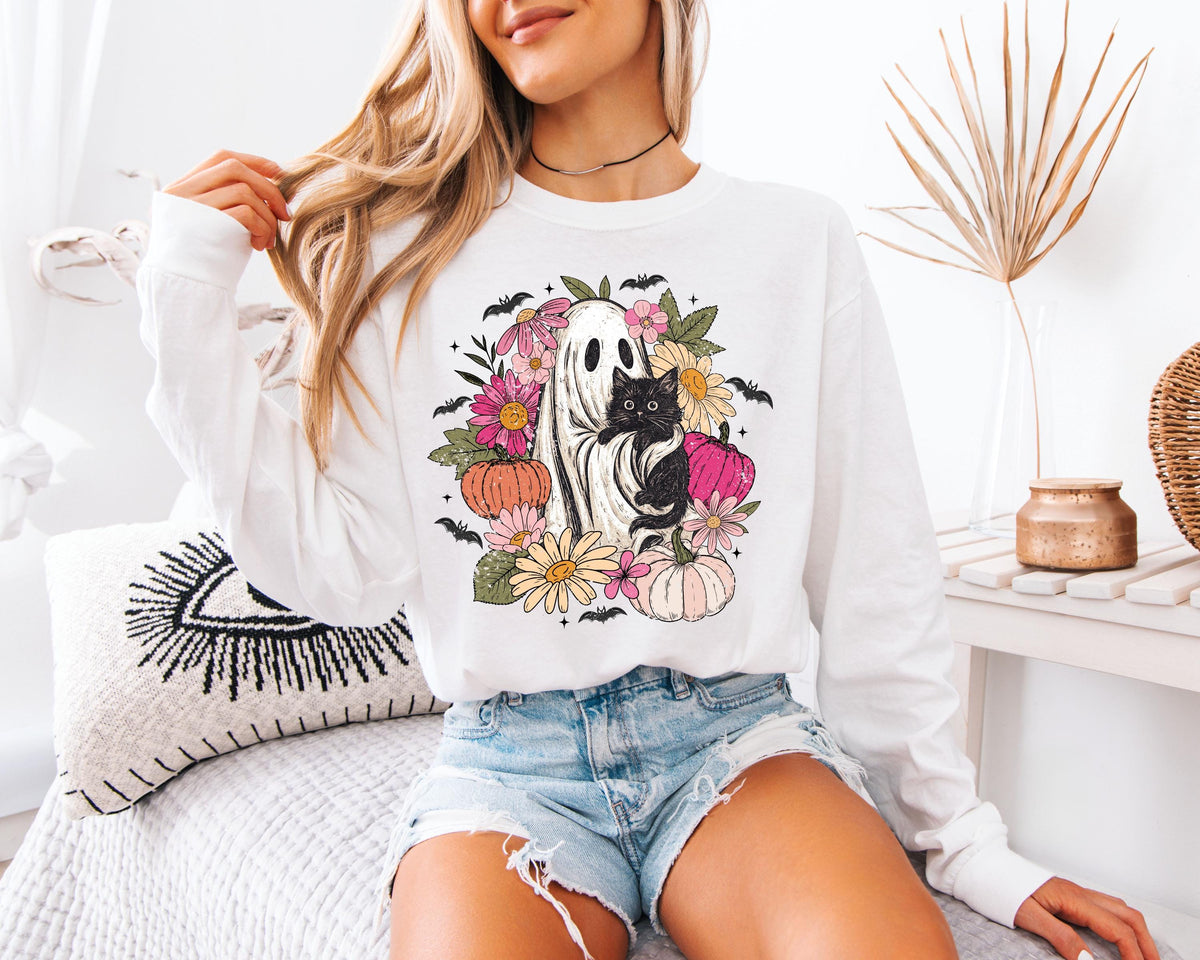 Comfort Colors® Halloween Cat Sweatshirt, Spooky Ghost Shirt, Horror Halloween T-Shirt