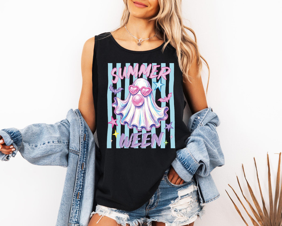 Comfort Colors® Summer Halloween Tank Top, Summer Ghost Shirt, Summer Pumpkin T-Shirt
