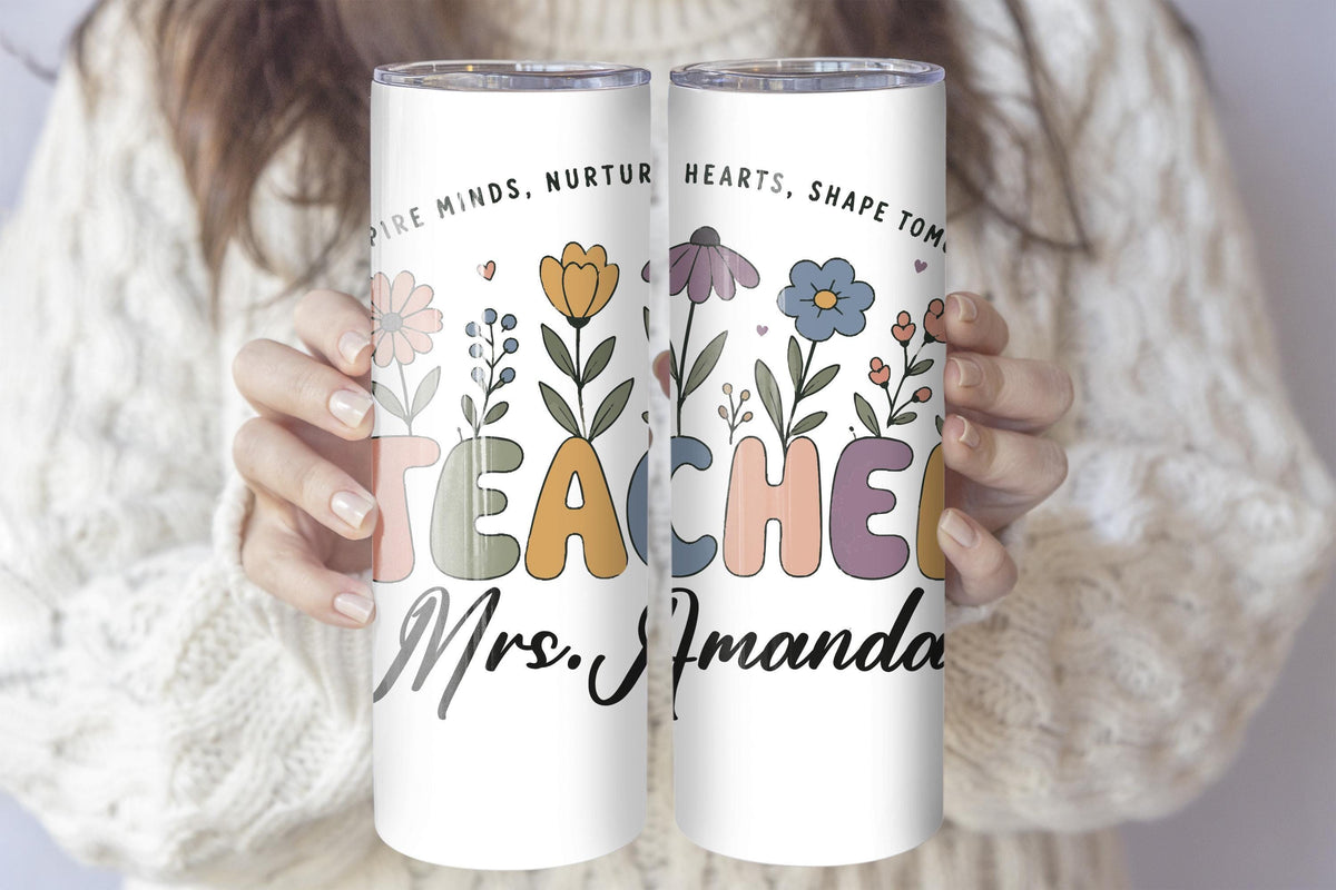 Custom Name Colorful Floral Teacher Tumbler With Straw
