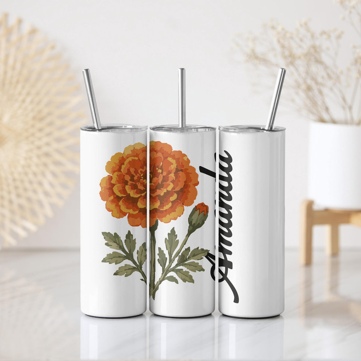 Personalized Colorful Floral Tumbler With Straw, Custom Name Birth Flower Coffee Cup