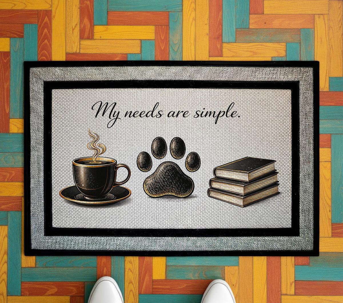 My Needs Are Simple Doormat, Coffee Books Dogs Welcome Mat, Pet Lover Door Mat, Funny Front Porch Mat, Cute Bookworm Gift, New Home Decor