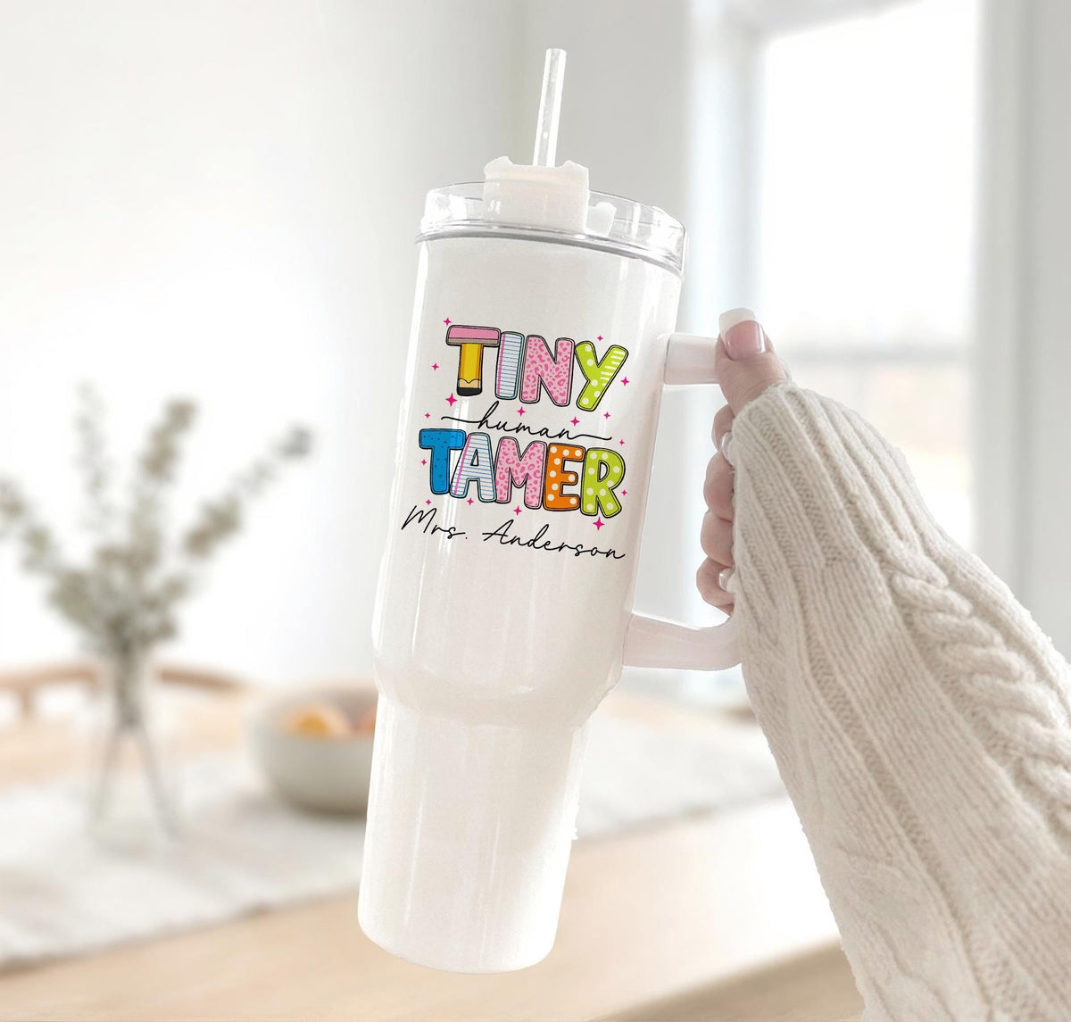 Custom Preschool Teacher Tumbler, Tiny Human Tamer Drinkware, Personalized Teacher Gift