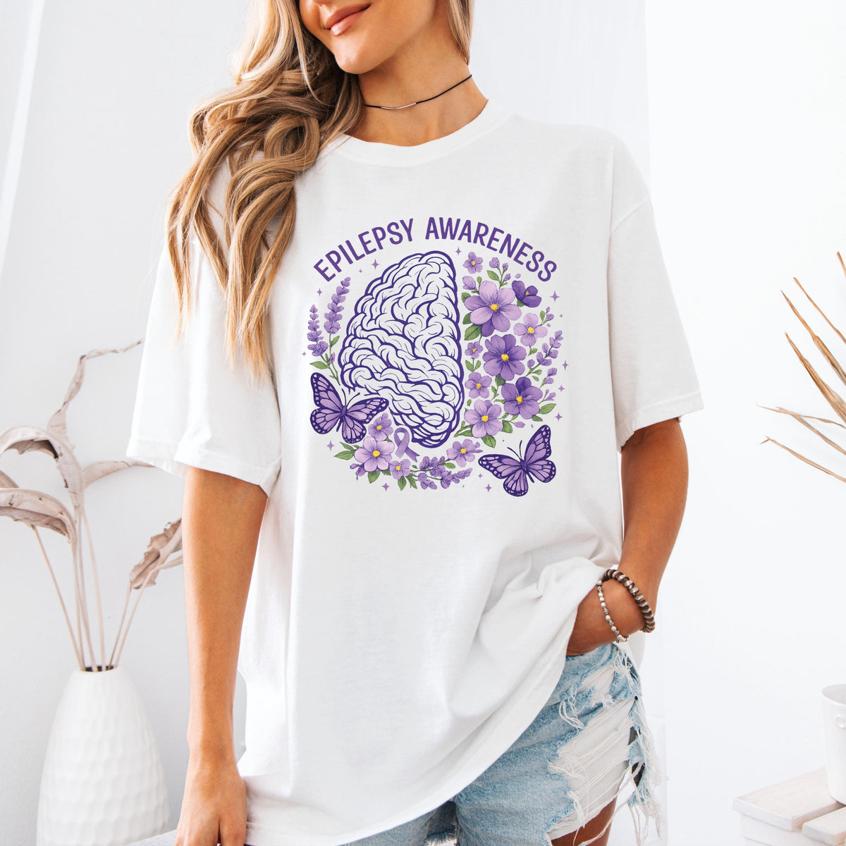 Comfort Colors® Epilepsy Awareness Shirt, Floral Epilepsy Fighter T-Shirt, Purple Ribbon Tee