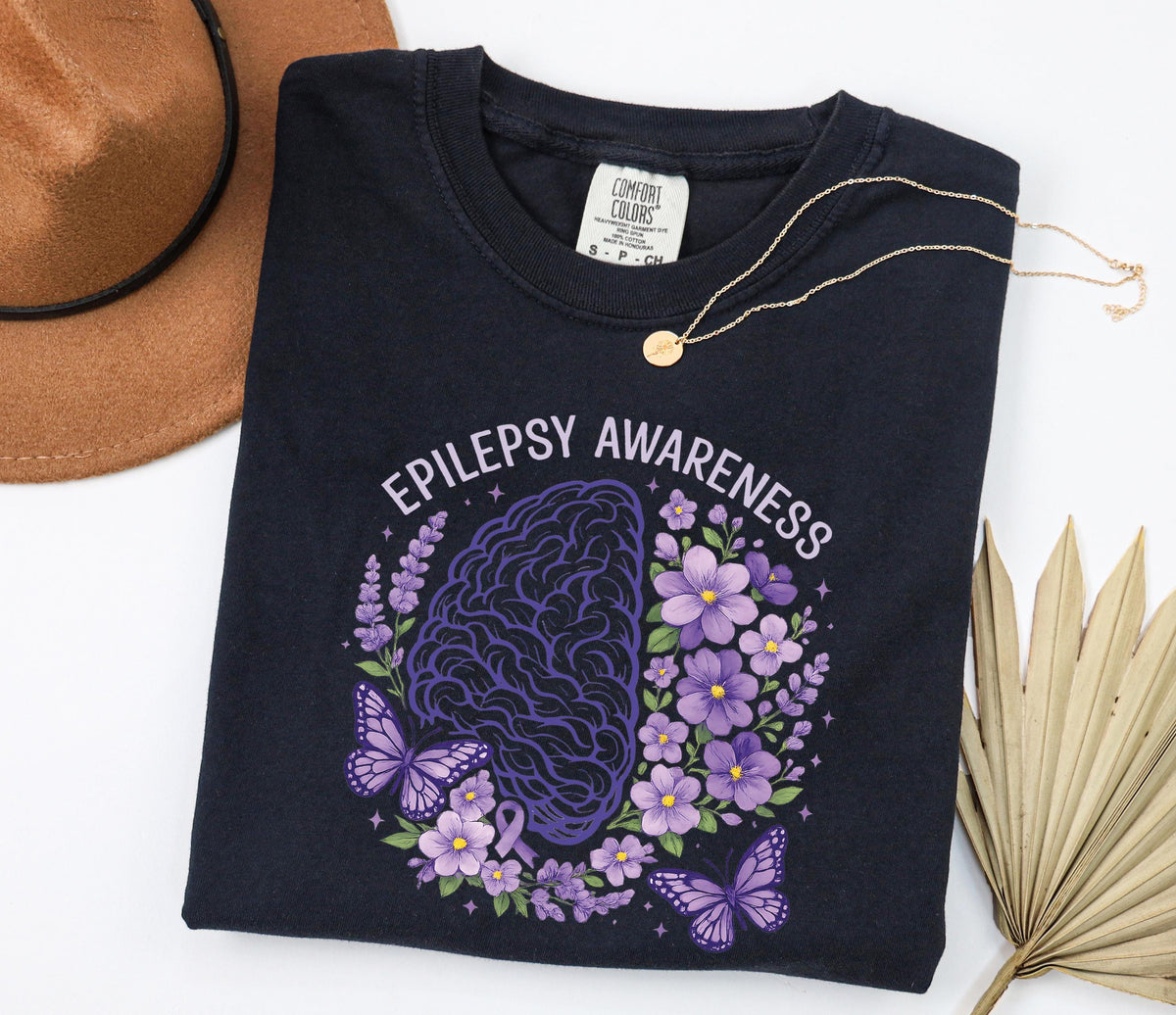Comfort Colors® Epilepsy Awareness Shirt, Floral Epilepsy Fighter T-Shirt, Purple Ribbon Tee