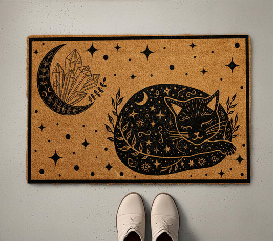 Celestial Black Cat Doormat, Crescent Moon and Crystals Welcome Mat, Cats Lover Witchy Housewarming Gift, Halloween Front Porch Coir Rug