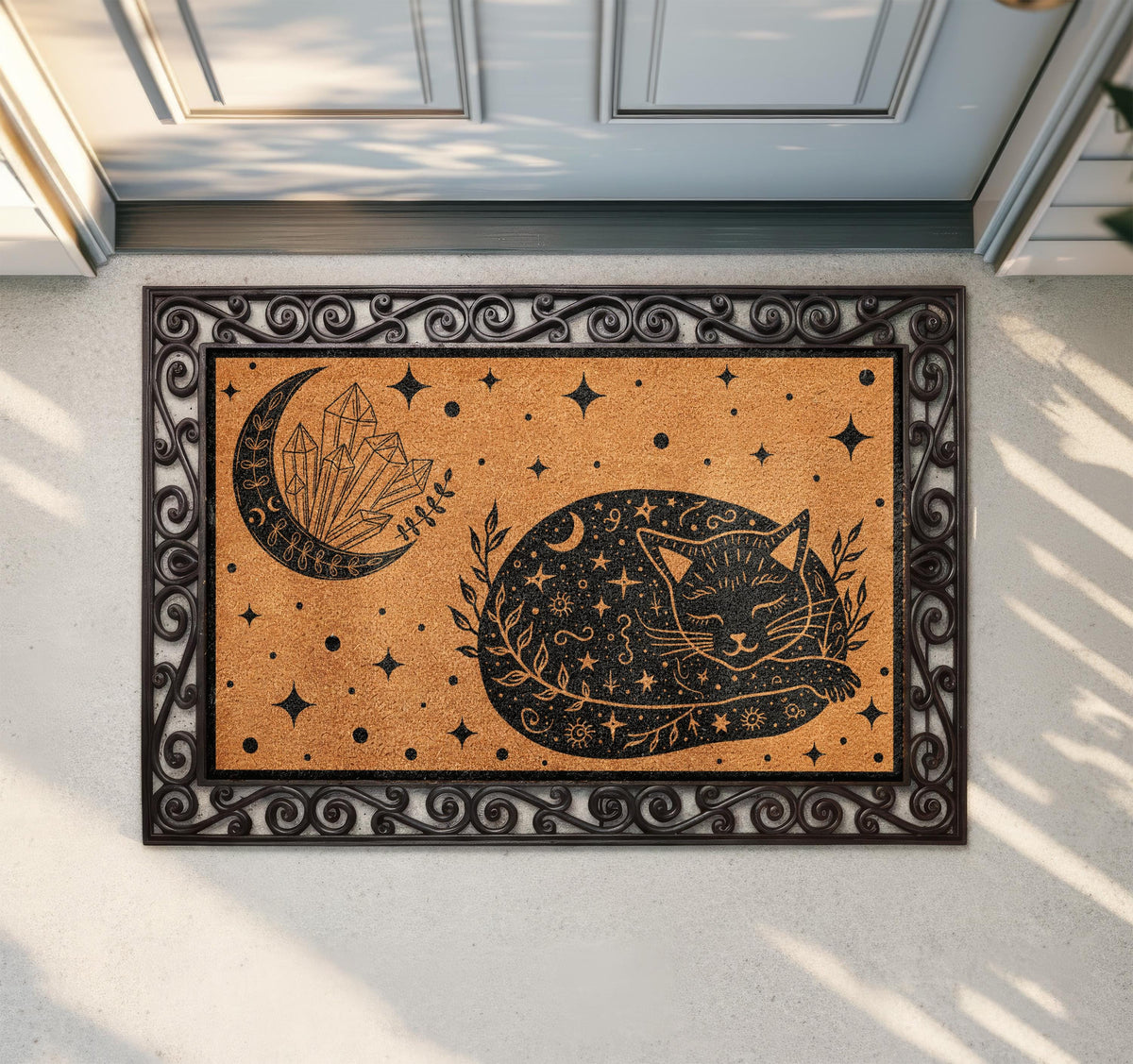 Celestial Black Cat Doormat, Crescent Moon and Crystals Welcome Mat, Cats Lover Witchy Housewarming Gift, Halloween Front Porch Coir Rug