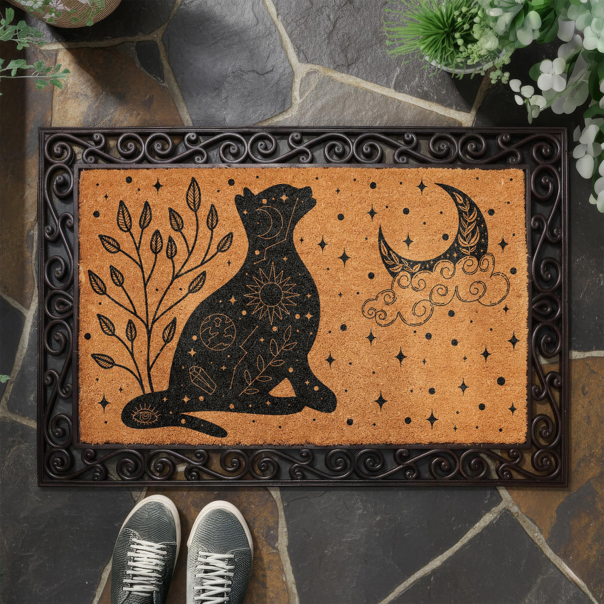 Celestial Black Cat Doormat, Crescent Moon and Crystals Welcome Mat, Cats Lover Witchy Housewarming Gift, Halloween Front Porch Coir Rug