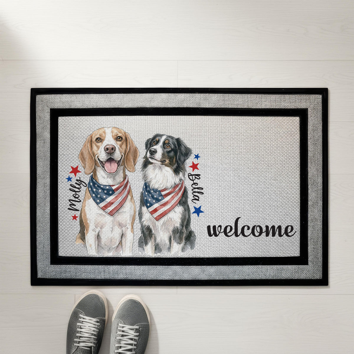 Custom Pet Photo 4th of July Doormat, Patriotic Dog Cat Welcome Mat, American Flag Bandana and Pet Name Housewarming Gift, Summer Porch Decor