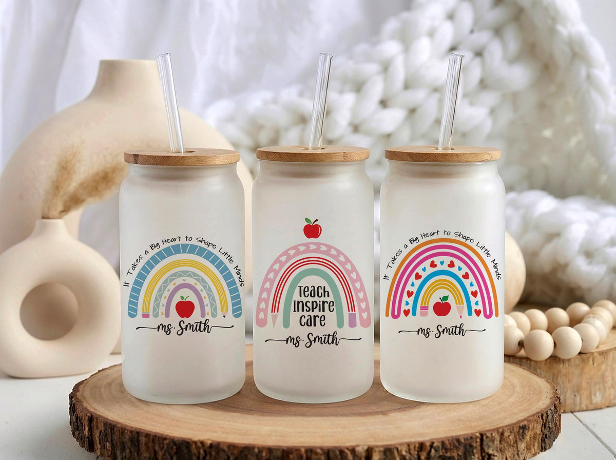 Personalized Teacher Name Glass Tumbler, Rainbow Iced Coffee Cup, Teacher Appreciation Gift