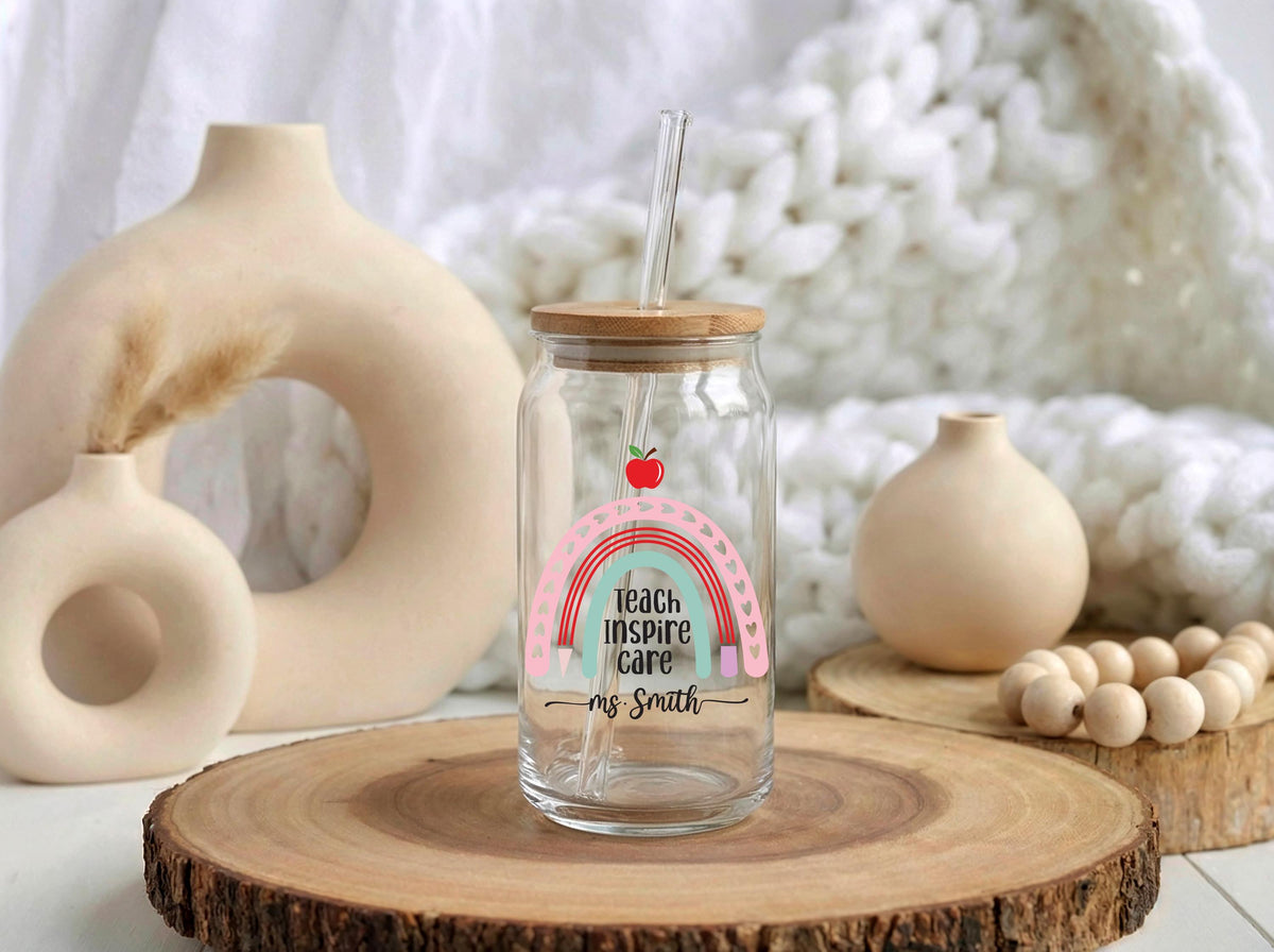 Personalized Teacher Name Glass Tumbler, Rainbow Iced Coffee Cup, Teacher Appreciation Gift