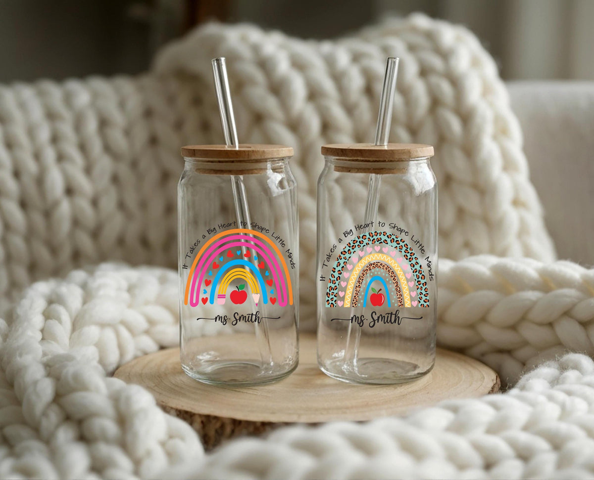 Personalized Teacher Name Glass Tumbler, Rainbow Iced Coffee Cup, Teacher Appreciation Gift