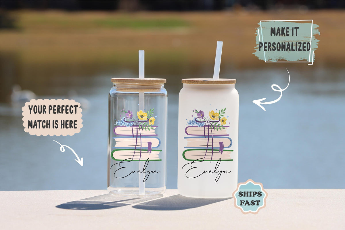Personalized Book Lover Can Glass, Custom Name Floral Reader Iced Coffee Cup